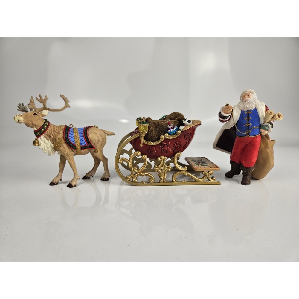 Set Of 5 Hallmark Keepsake Santa Claus, Santa Sleigh, & Ready Reindeer Ornaments